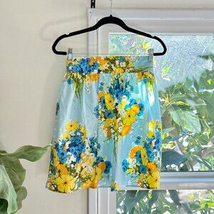 Unused Vintage Floral Linen Apron – Blue & Yellow Garden Flowers, Pleated Skirt